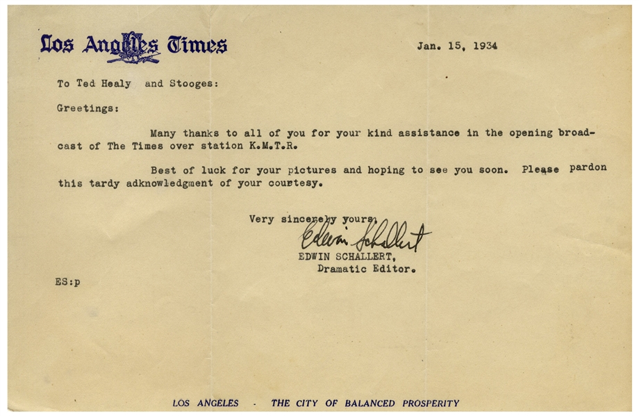 Los Angeles Times Letter to ''Ted Healy and Stooges'' Dated January 1934 -- ''Best of luck for your pictures'' -- Measures 8.5'' x 5.5'' -- Very Good